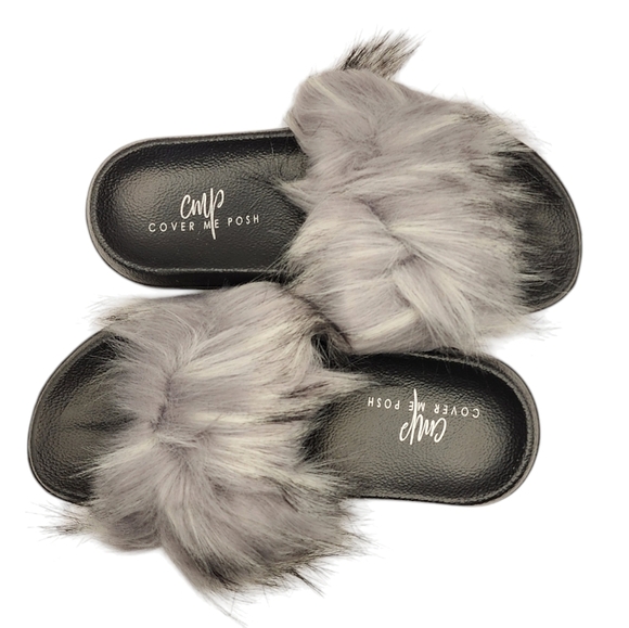 Faux Fur Grey Slide Slippers Non Slip Size 40-41 - Picture 1 of 3